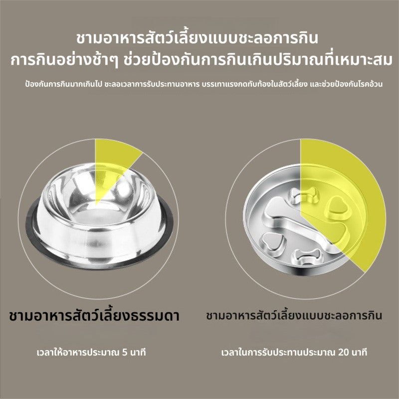 ชามสแตนเลสสำหรับสัตว์เลี้ยง ชามอาหารช้า ชามสุนัข ทั้งสองด้านสามารถใช้งานได้ ทนทาน 2in1