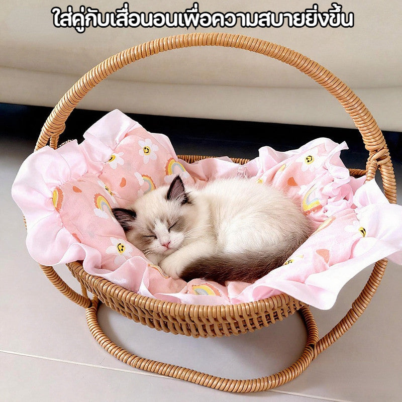 หวายแมวกรง เตียงแมวขนาดใหญ่ ตะกร้าแขวน วัสดุธรรมชาติ  สานกึ่งปิด ตะกร้าแขวนฤดูร้อน