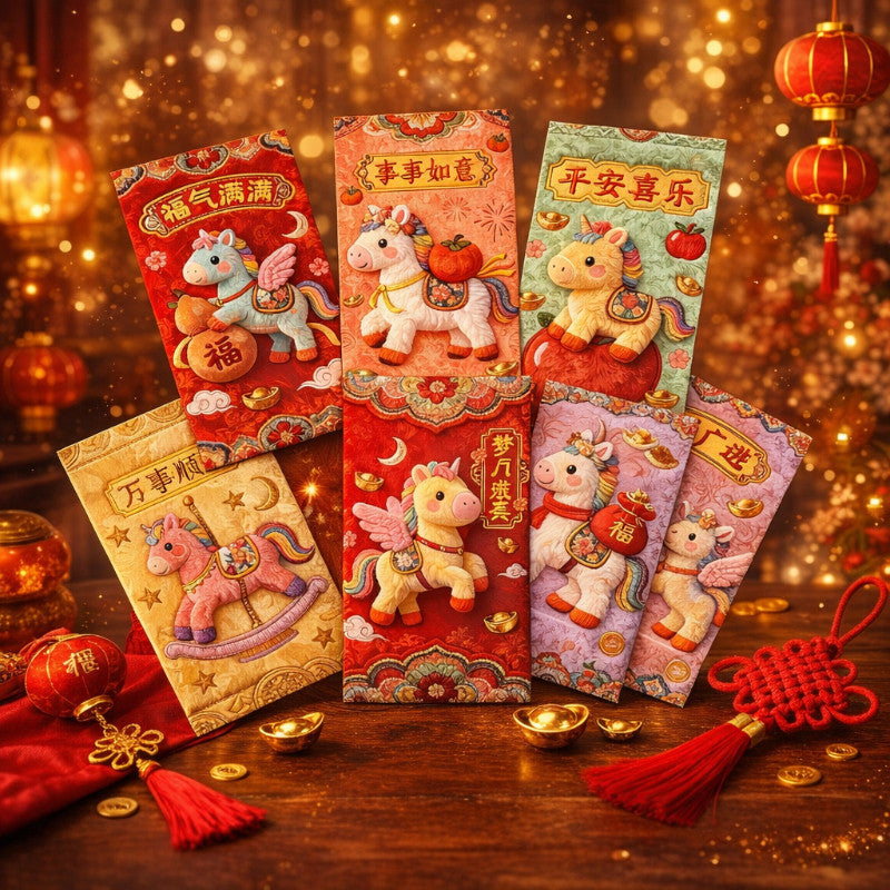 ซองอั่งเปาปีใหม่ ปีม้า 2026 ลวดลายเลียนแบบสีทองและงานปัก 6 ซอง - 主图