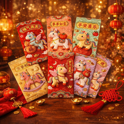 ซองอั่งเปาปีใหม่ ปีม้า 2026 ลวดลายเลียนแบบสีทองและงานปัก 6 ซอง - 主图