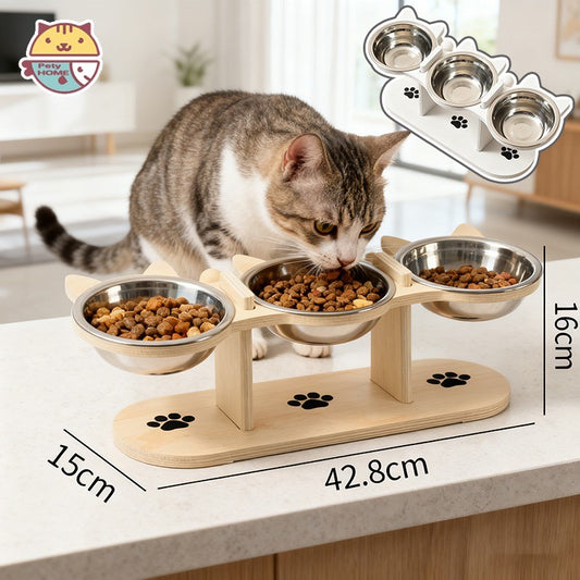 ชามอาหารแมวทรงสูง 3 ใบ ทำจากสแตนเลสสตีลที่ทนทาน - 主图