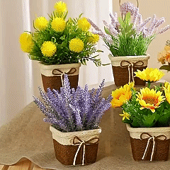 ดอกไม้ประดิษฐ์ในกระถาง ต้นไม้พลาสติกพร้อมกระถางสาน สำหรับจัดดอกไม้และปิกนิก