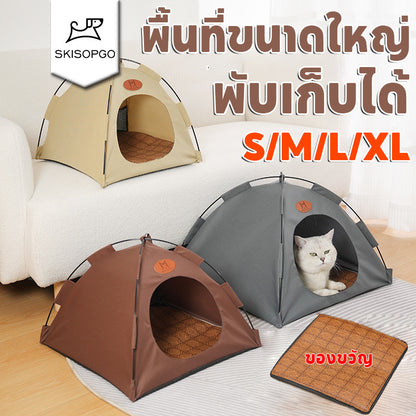 หลุมนอนแมว เบาะแมว บ้านแมวกระโจม ป้องกันความชื้นที่ด้านล่าง พับเก็บได้ สดชื่นและระบายอากาศ กระโจมแมว