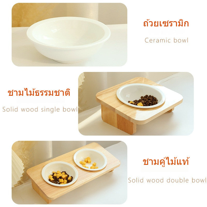 ชามอาหารแมว: ชามเซรามิกและชามไม้ ดีไซน์ป้องกันการพลิคว่ำ - 图片1