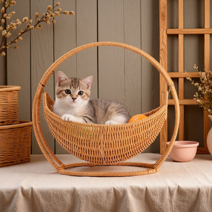 หวายแมวกรง เตียงแมวขนาดใหญ่ ตะกร้าแขวน วัสดุธรรมชาติ  สานกึ่งปิด ตะกร้าแขวนฤดูร้อน