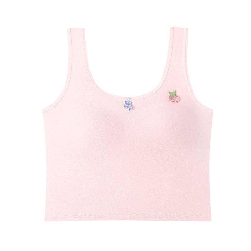 เสื้อชั้นในผ้าฝ้ายของเด็กผู้หญิงรุ่นใหม่ เสื้อซับใน ตาข่ายระบายอากาศ ที่รองแก้วระบายอากาศคงที่ สายสะพายไหล่คู่คงที่