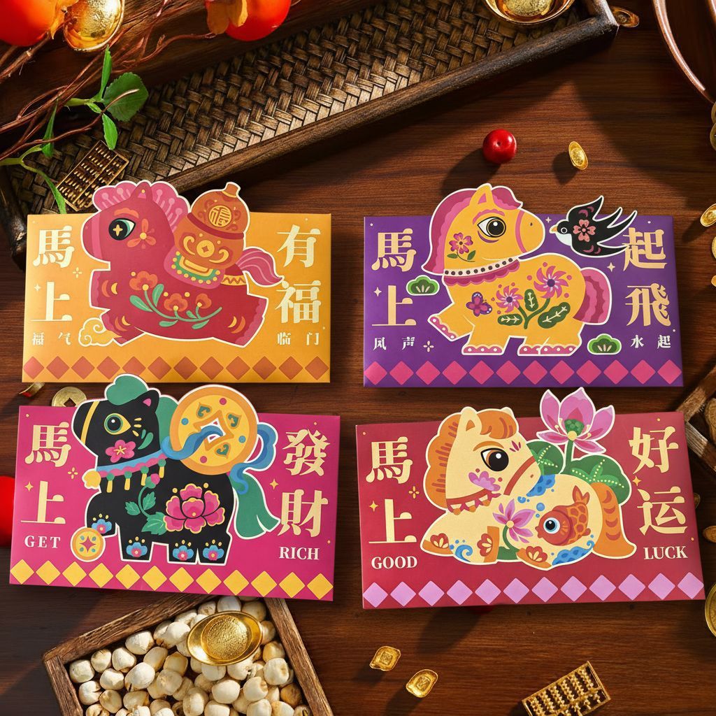 ซองอั่งเปาปีใหม่ ปีม้า 2026 ลวดลายเลียนแบบสีทองและงานปัก 6 ซอง - 图片7