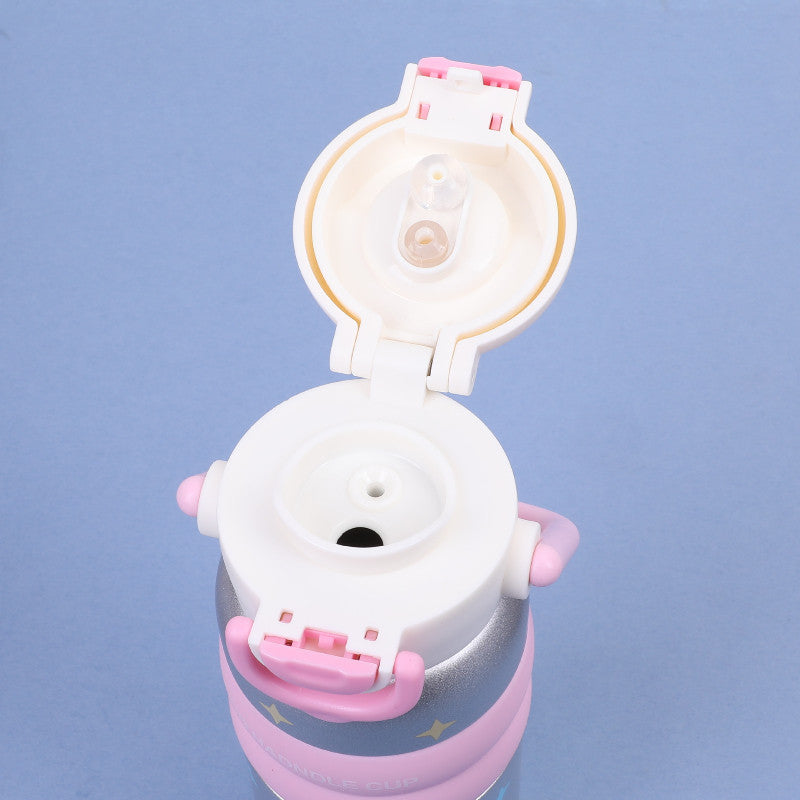 600ml ถ้วยฉนวนสแตนเลส ถ้วยกาแฟสไตล์การ์ตูน การออกแบบฝาสปริง หลอดดื่มตรง ซิลิโคนจับ