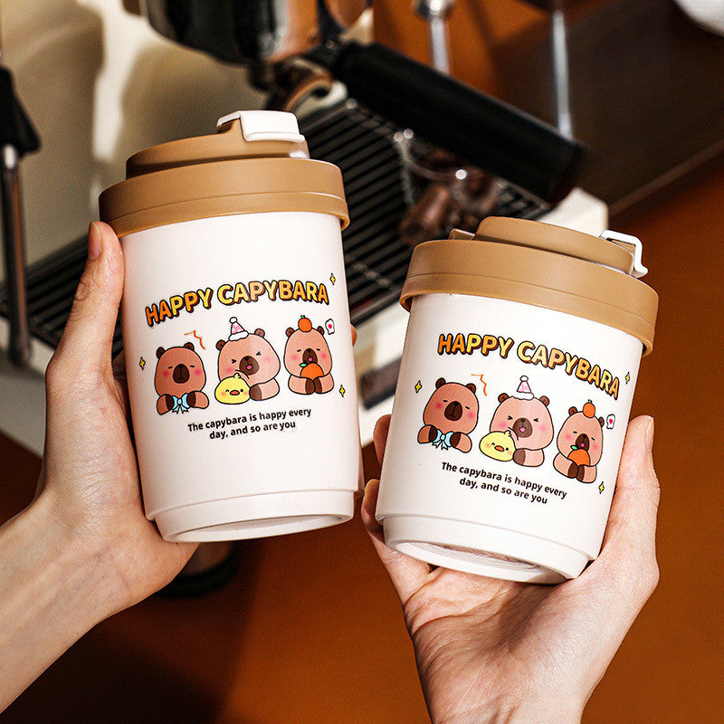 ถ้วยกาแฟพลาสติก 400ML ถ้วยดื่มคู่ที่เรียบง่าย แก้วน้ำเป็ดสีเหลืองขนาดเล็ก วัสดุ PP