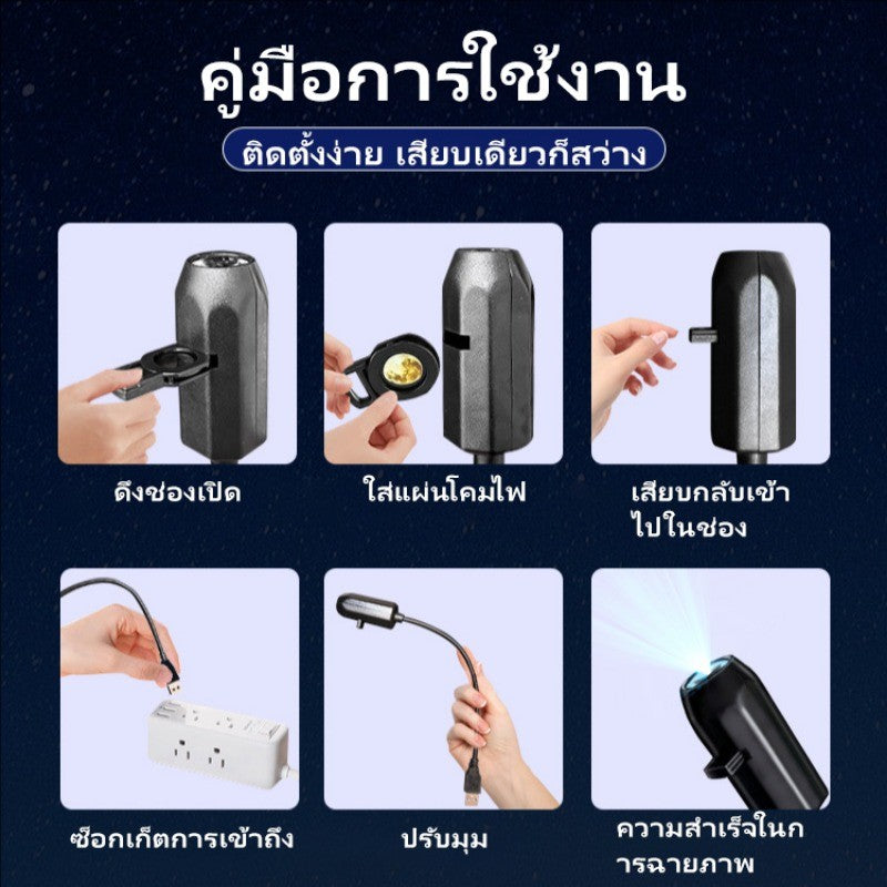 โคมไฟฉายภาพจักรวาล/ดวงจันทร์ เปลี่ยนแผนที่ดาวได้ง่าย ปรับมุมได้ 360° ผลิตจากวัสดุที่ปลอดภัย
