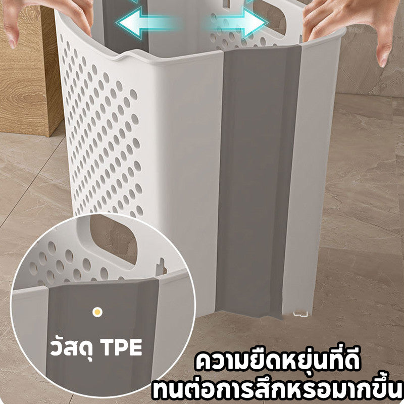 ตะกร้าใส่ผ้าพับได้ ทำจากหวาย มีตะขอเกี่ยวให้ฟรี ประหยัดพื้นที่ จุของได้เยอะ