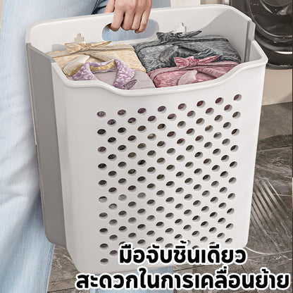 ตะกร้าใส่ผ้าพับได้ ทำจากหวาย มีตะขอเกี่ยวให้ฟรี ประหยัดพื้นที่ จุของได้เยอะ