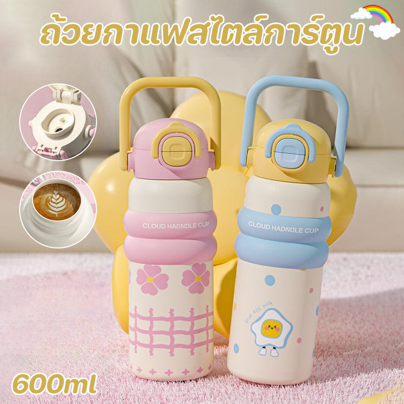 600ml ถ้วยฉนวนสแตนเลส ถ้วยกาแฟสไตล์การ์ตูน การออกแบบฝาสปริง หลอดดื่มตรง ซิลิโคนจับ