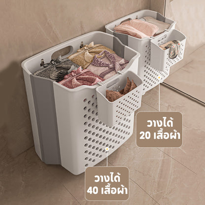 ตะกร้าใส่ผ้าพับได้ ทำจากหวาย มีตะขอเกี่ยวให้ฟรี ประหยัดพื้นที่ จุของได้เยอะ