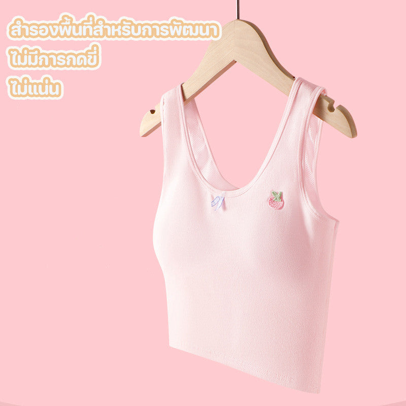 เสื้อชั้นในผ้าฝ้ายของเด็กผู้หญิงรุ่นใหม่ เสื้อซับใน ตาข่ายระบายอากาศ ที่รองแก้วระบายอากาศคงที่ สายสะพายไหล่คู่คงที่