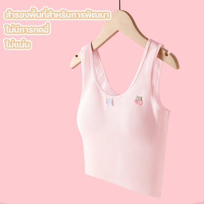 เสื้อชั้นในผ้าฝ้ายของเด็กผู้หญิงรุ่นใหม่ เสื้อซับใน ตาข่ายระบายอากาศ ที่รองแก้วระบายอากาศคงที่ สายสะพายไหล่คู่คงที่
