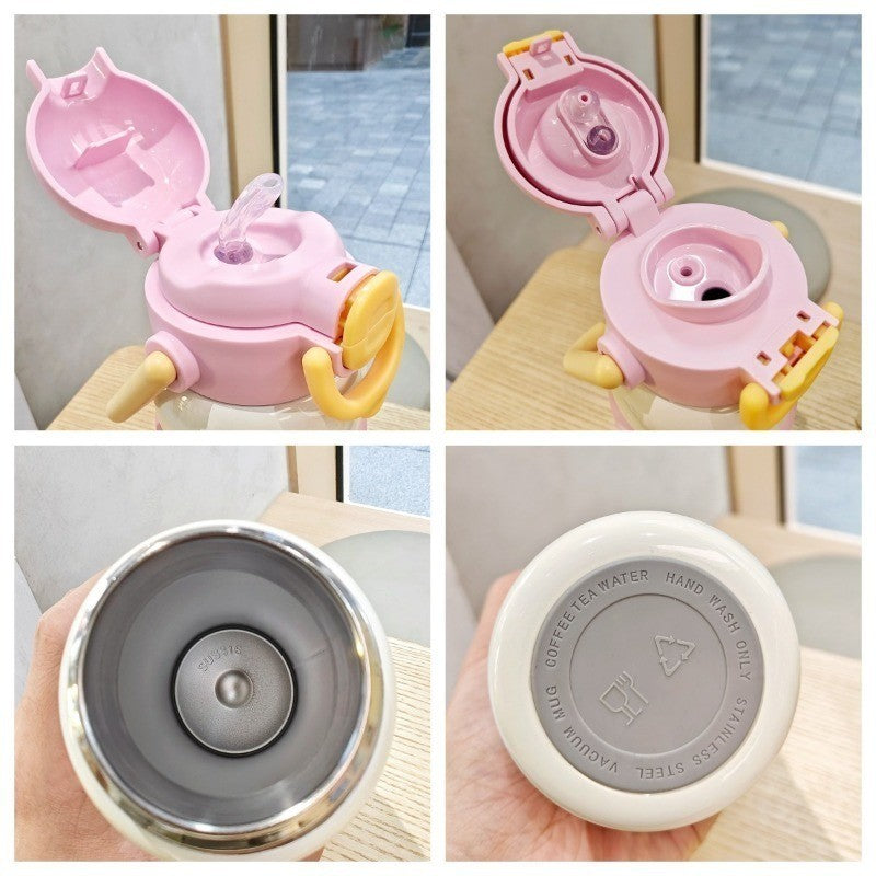 600ml ถ้วยฉนวนสแตนเลส ถ้วยกาแฟสไตล์การ์ตูน การออกแบบฝาสปริง หลอดดื่มตรง ซิลิโคนจับ