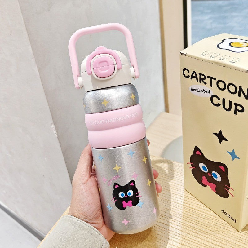 600ml ถ้วยฉนวนสแตนเลส ถ้วยกาแฟสไตล์การ์ตูน การออกแบบฝาสปริง หลอดดื่มตรง ซิลิโคนจับ