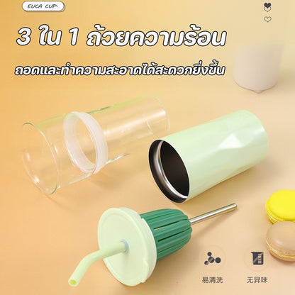 ถ้วยฉนวนสแตนเลส ถ้วยฉนวนแก้ว การออกแบบสองชั้น แยกชาและน้ำ มีหลอด ดูดีและใช้งานได้จริง
