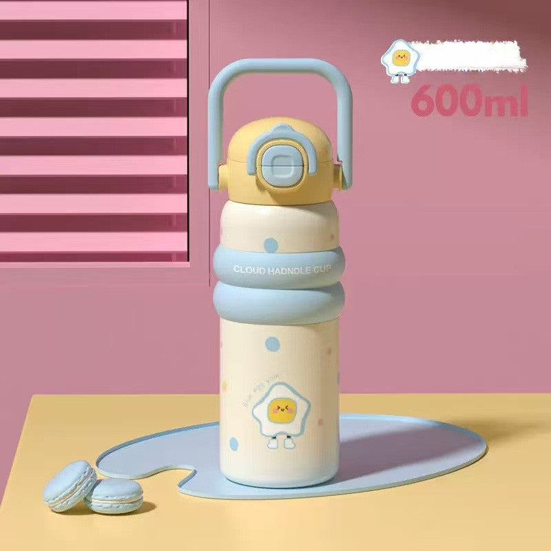 600ml ถ้วยฉนวนสแตนเลส ถ้วยกาแฟสไตล์การ์ตูน การออกแบบฝาสปริง หลอดดื่มตรง ซิลิโคนจับ