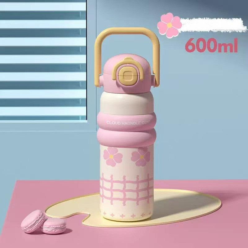 600ml ถ้วยฉนวนสแตนเลส ถ้วยกาแฟสไตล์การ์ตูน การออกแบบฝาสปริง หลอดดื่มตรง ซิลิโคนจับ