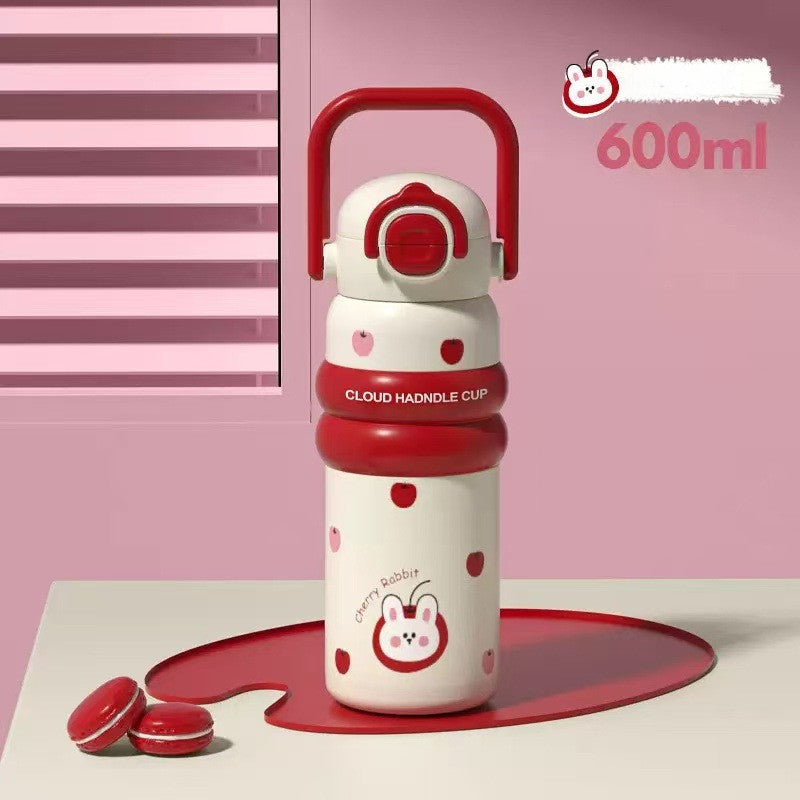 600ml ถ้วยฉนวนสแตนเลส ถ้วยกาแฟสไตล์การ์ตูน การออกแบบฝาสปริง หลอดดื่มตรง ซิลิโคนจับ