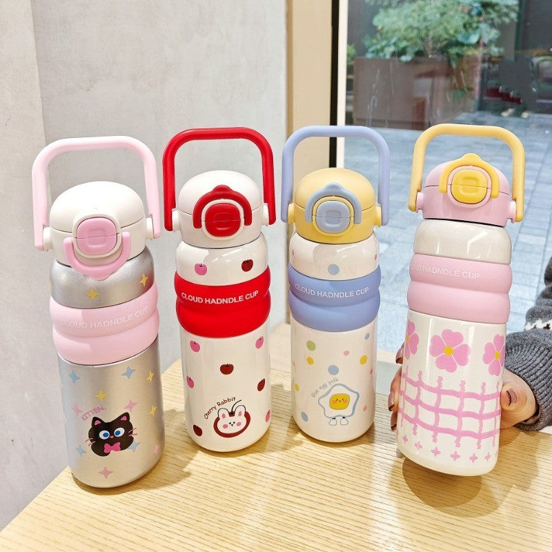 600ml ถ้วยฉนวนสแตนเลส ถ้วยกาแฟสไตล์การ์ตูน การออกแบบฝาสปริง หลอดดื่มตรง ซิลิโคนจับ