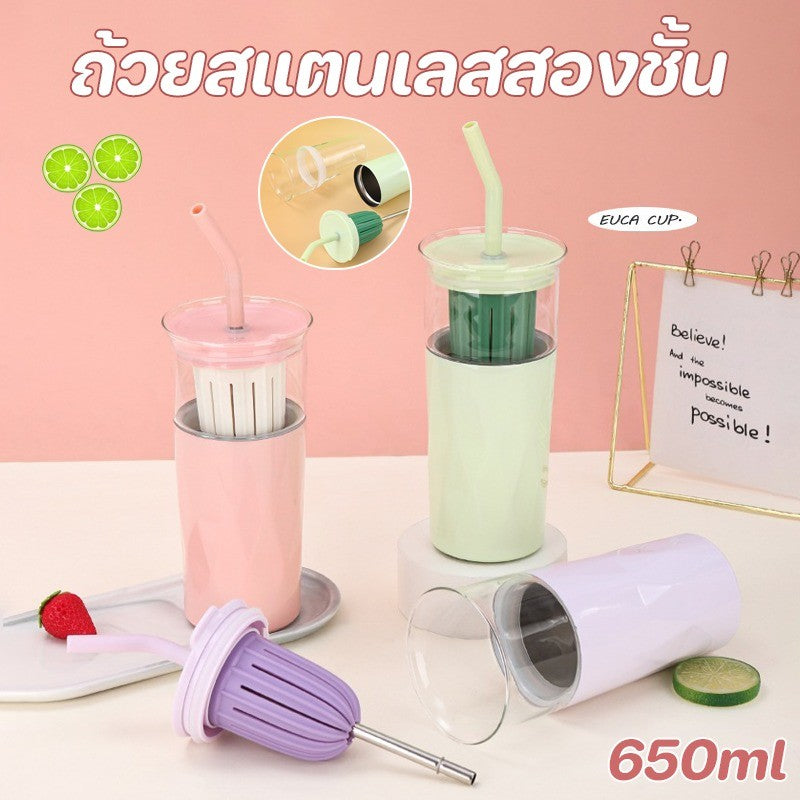 ถ้วยฉนวนสแตนเลส ถ้วยฉนวนแก้ว การออกแบบสองชั้น แยกชาและน้ำ มีหลอด ดูดีและใช้งานได้จริง