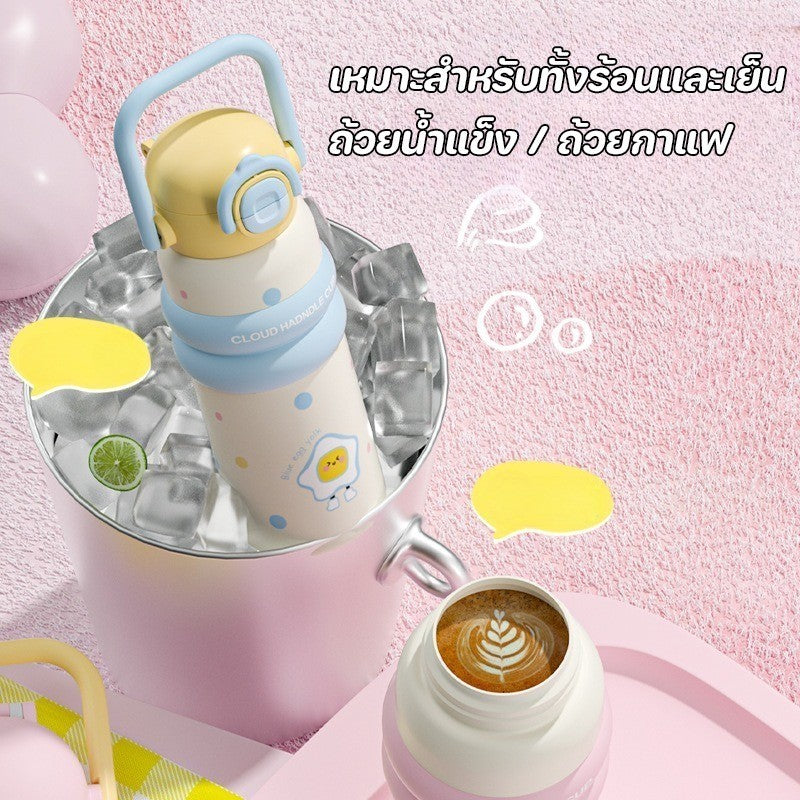 600ml ถ้วยฉนวนสแตนเลส ถ้วยกาแฟสไตล์การ์ตูน การออกแบบฝาสปริง หลอดดื่มตรง ซิลิโคนจับ