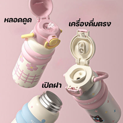 600ml ถ้วยฉนวนสแตนเลส ถ้วยกาแฟสไตล์การ์ตูน การออกแบบฝาสปริง หลอดดื่มตรง ซิลิโคนจับ