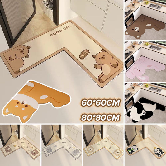 L-shaped floor mat, L-shaped mat, kitchen floor mat. Silica diatomaceous earth material. Non-slip and stain-resistant.