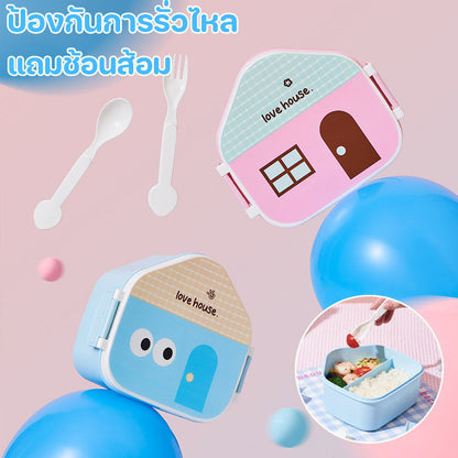 กล่องเบนโตะน่ารัก มีช่องแบ่ง ทำจากวัสดุเกรดอาหาร มาพร้อมช้อนและส้อม