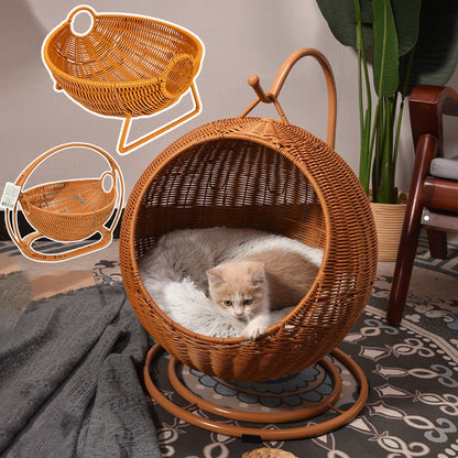 หวายแมวกรง เตียงแมวขนาดใหญ่ ตะกร้าแขวน วัสดุธรรมชาติ  สานกึ่งปิด ตะกร้าแขวนฤดูร้อน