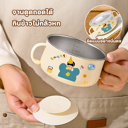 ชามอาหารเด็กพร้อมฝาปิดและฐานดูด ทำจากสแตนเลส ทนความร้อนสูง ดีไซน์การ์ตูนน่ารัก