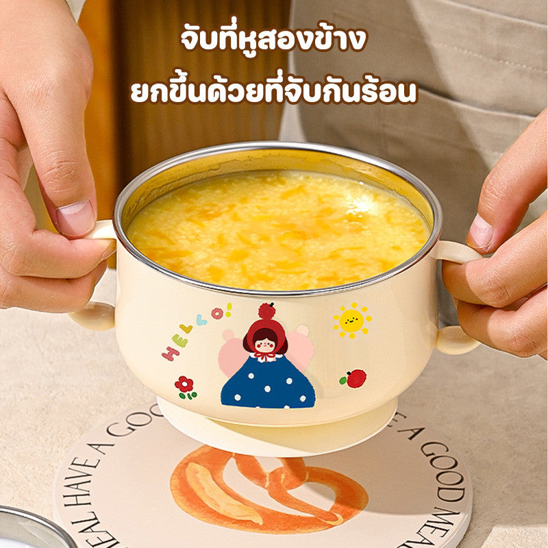 ชามอาหารเด็กพร้อมฝาปิดและฐานดูด ทำจากสแตนเลส ทนความร้อนสูง ดีไซน์การ์ตูนน่ารัก