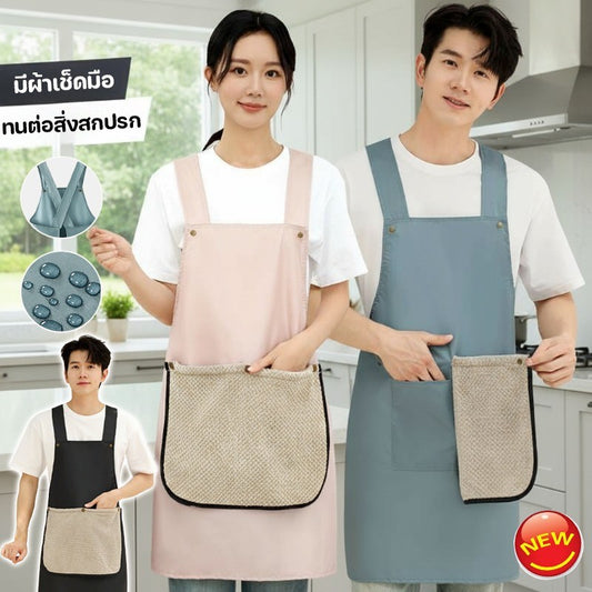 ผ้ากันเปื้อน PVC กันน้ำ หลักฐานน้ำมัน ด้วยผ้าขนหนูที่ถอดออกได้ กระเป๋าใหญ่ ผ้ากันเปื้อนครัว