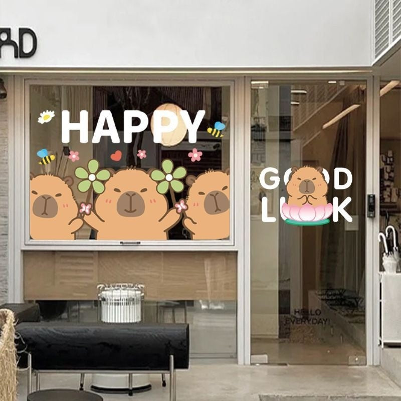 สติ๊กเกอร์สูญญากาศ น่ารัก Capybara รูปแบบ ตกแต่งบ้าน ตกแต่งกระจก สติกเกอร์ประตูกระจก