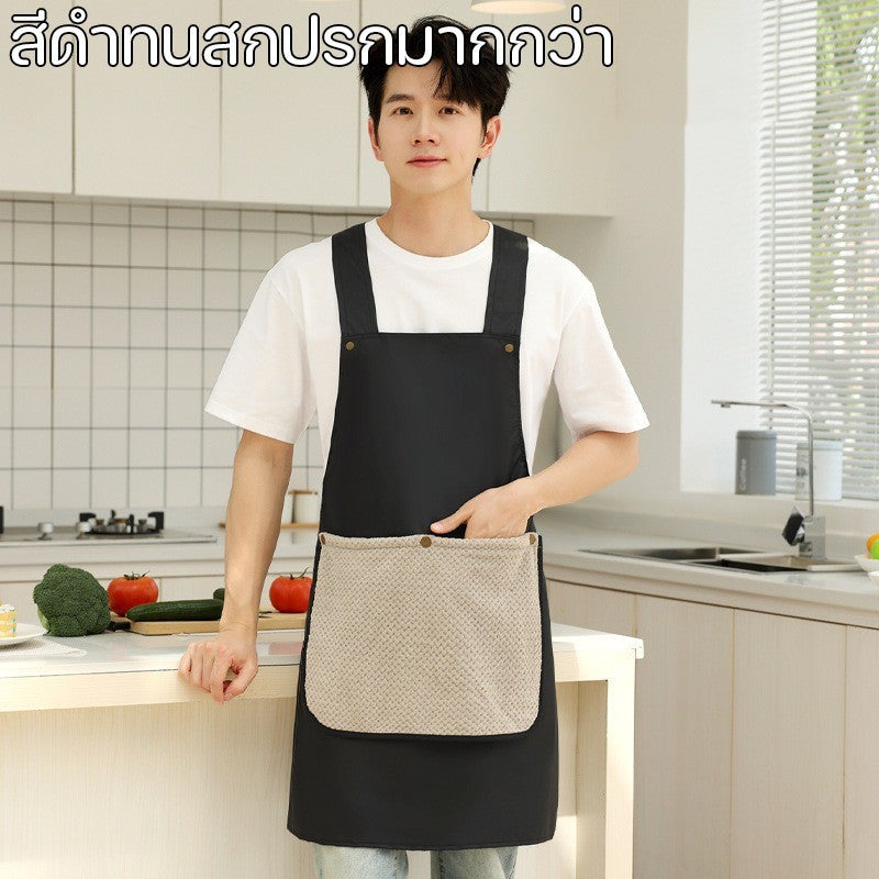 ผ้ากันเปื้อน PVC กันน้ำ หลักฐานน้ำมัน ด้วยผ้าขนหนูที่ถอดออกได้ กระเป๋าใหญ่ ผ้ากันเปื้อนครัว