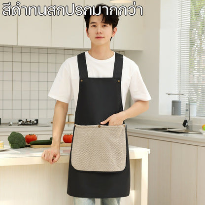 ผ้ากันเปื้อน PVC กันน้ำ หลักฐานน้ำมัน ด้วยผ้าขนหนูที่ถอดออกได้ กระเป๋าใหญ่ ผ้ากันเปื้อนครัว