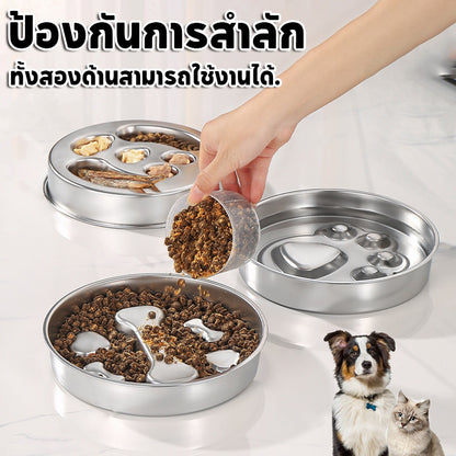 ชามสแตนเลสสำหรับสัตว์เลี้ยง ชามอาหารช้า ชามสุนัข ทั้งสองด้านสามารถใช้งานได้ ทนทาน 2in1