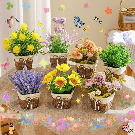 ดอกไม้ประดิษฐ์ในกระถาง ต้นไม้พลาสติกพร้อมกระถางสาน สำหรับจัดดอกไม้และปิกนิก