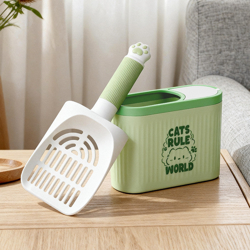 Cat litter scooper, cute shape, with a bin, can be attached or hung, space-saving, lightweight.