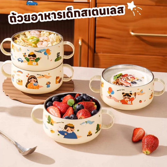 ชามอาหารเด็กพร้อมฝาปิดและฐานดูด ทำจากสแตนเลส ทนความร้อนสูง ดีไซน์การ์ตูนน่ารัก