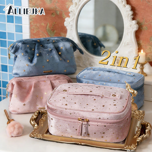 Allieuka velvet cosmetic bag, embroidered with stars, cute design, large capacity, holds a lot, easy to carry, with a handle