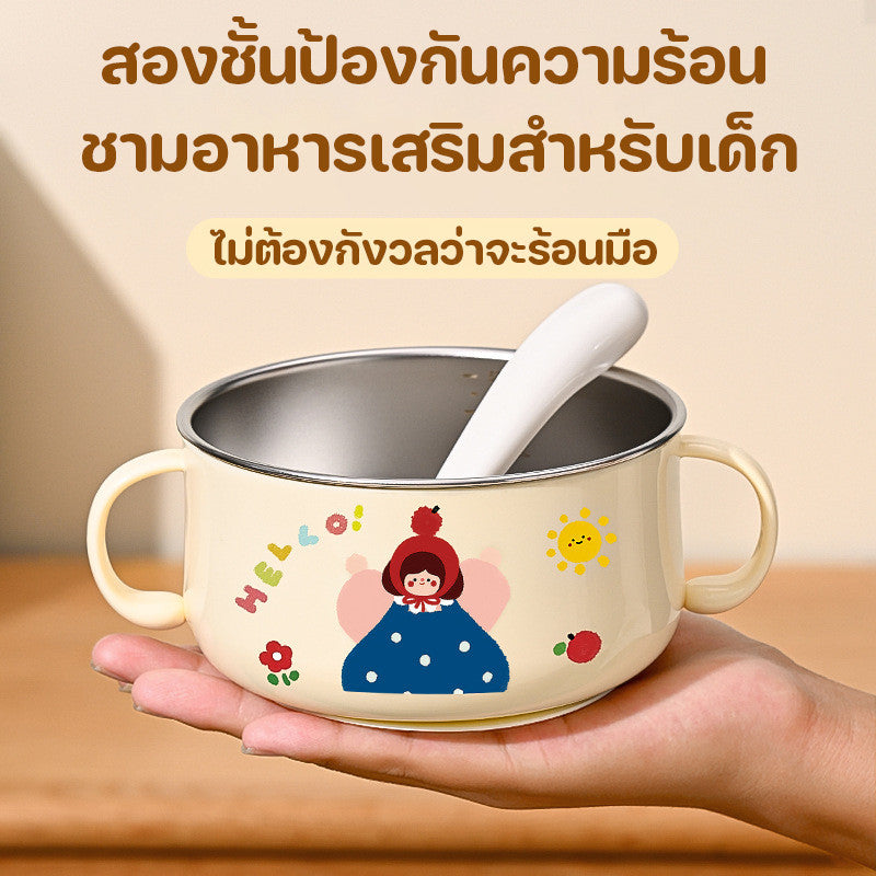 ชามอาหารเด็กพร้อมฝาปิดและฐานดูด ทำจากสแตนเลส ทนความร้อนสูง ดีไซน์การ์ตูนน่ารัก